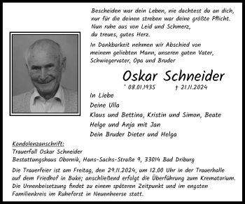 Traueranzeige von Oskar Schneider von Westfalen Blatt