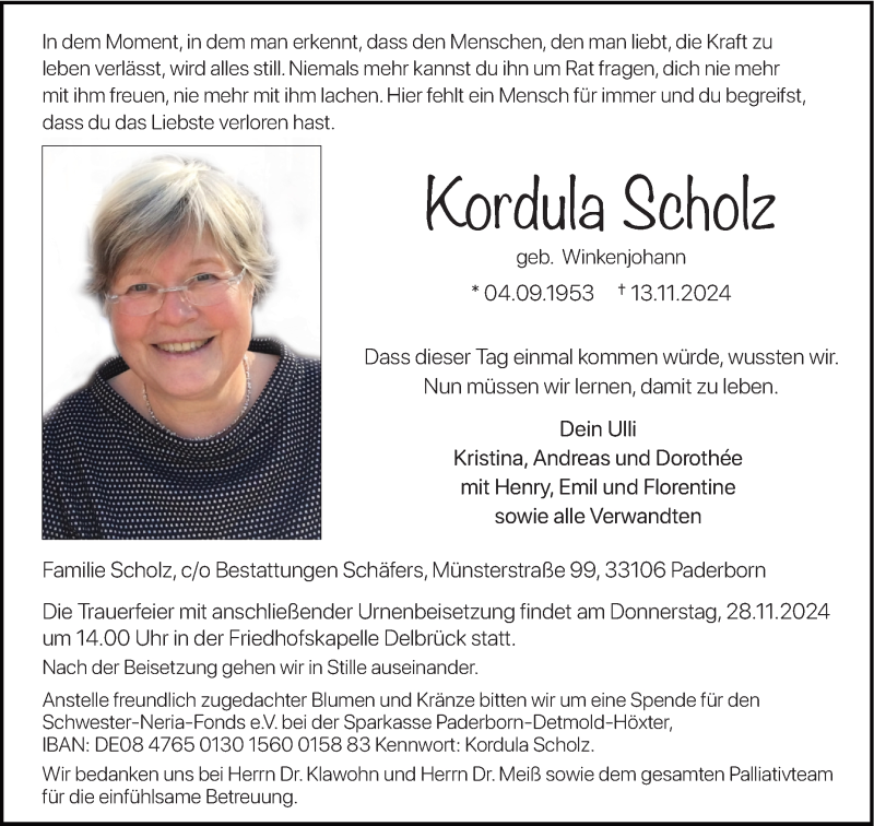  Traueranzeige für Kordula Scholz vom 23.11.2024 aus Westfalen Blatt