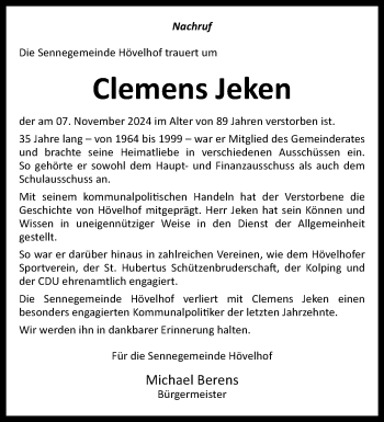 Traueranzeige von Clemens Jeken von Westfalen Blatt