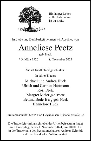 Traueranzeige von Anneliese Peetz von Westfalen Blatt