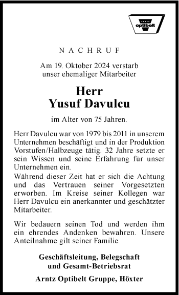 Traueranzeige von Yusuf Davulcu von Westfalen Blatt