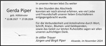 Traueranzeige von Gerda Piper von Westfalen Blatt