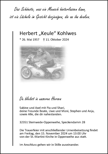 Traueranzeige von Herbert Kohlwes von Westfalen Blatt