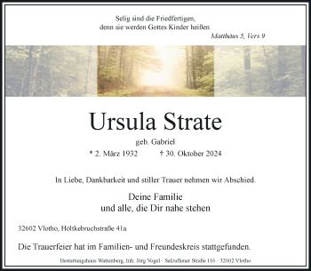 Traueranzeige von Ursula Strate von Westfalen Blatt