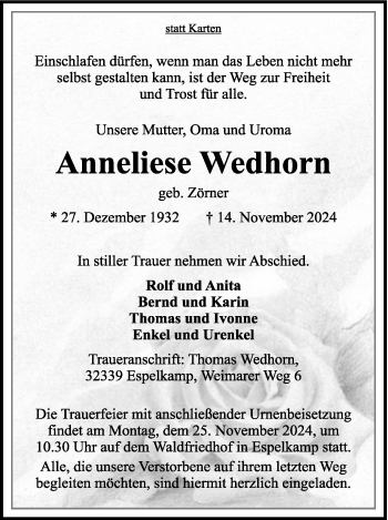 Traueranzeige von Anneliese Wedhorn von Westfalen Blatt