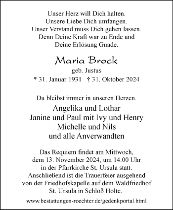 Traueranzeige von Maria Brock von Westfalen Blatt