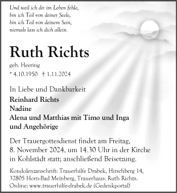 Traueranzeige von Ruth Richts von Westfalen Blatt