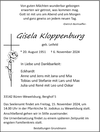 Traueranzeige von Gisela Kloppenburg von Westfalen Blatt