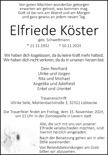 Traueranzeige von Elfriede Köster von Westfalen Blatt