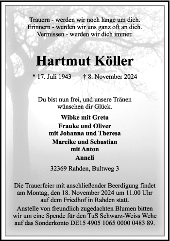 Traueranzeige von Hartmut Köller von Westfalen Blatt