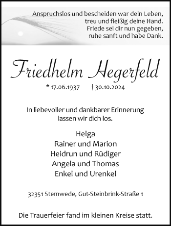 Traueranzeige von Friedhelm Hegerfeld von Westfalen Blatt