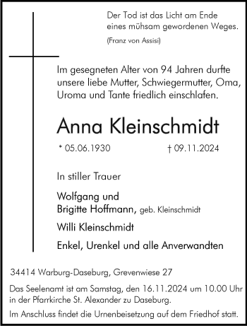 Traueranzeige von Anna Kleinschmidt von Westfalen Blatt