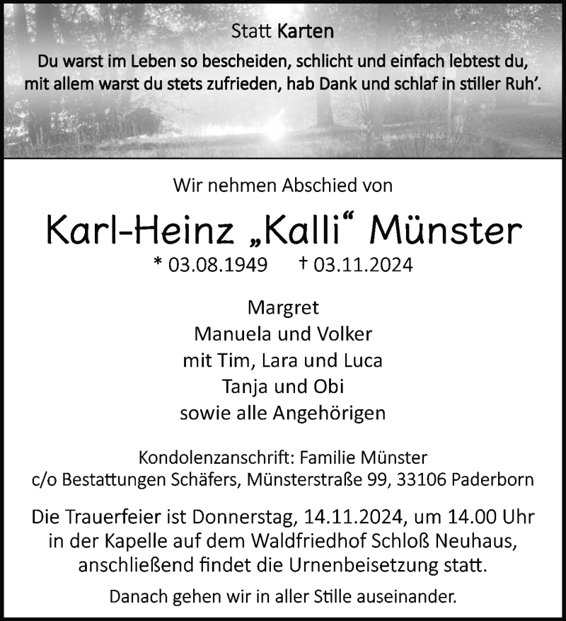  Traueranzeige für Karl-Heinz Kalli Münster vom 09.11.2024 aus Westfalen Blatt