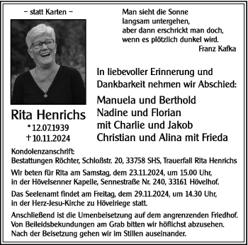 Traueranzeige von Rita Henrichs von Westfalen Blatt