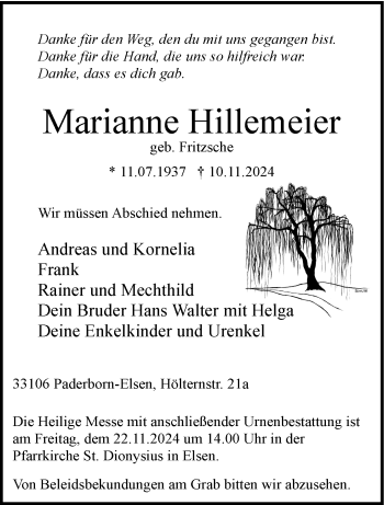 Traueranzeige von Marianne Hillemeier von Westfalen Blatt