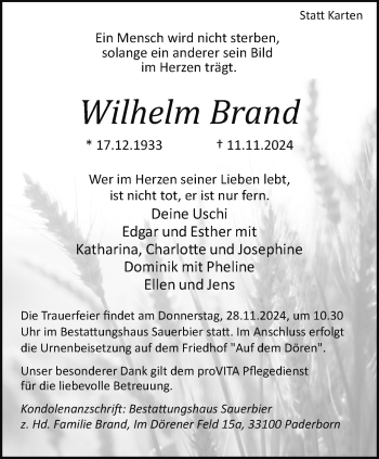 Traueranzeige von Wilhelm Brand von Westfalen Blatt