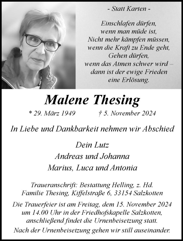  Traueranzeige für Malene Thesing vom 09.11.2024 aus Westfalen Blatt