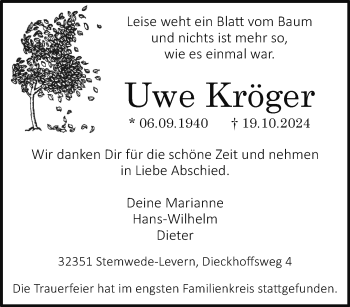 Traueranzeige von Uwe Kröger von Westfalen Blatt