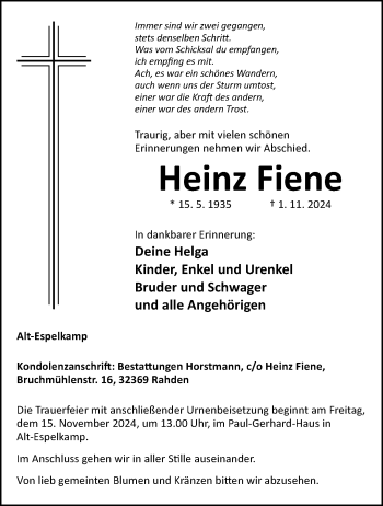 Traueranzeige von Heinz Fiene von Westfalen Blatt