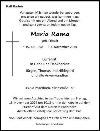 Traueranzeige von Maria Rama von Westfalen Blatt