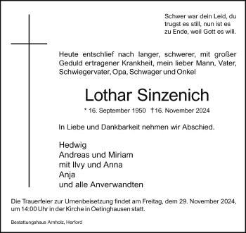 Traueranzeige von Lothar Sinzenich von Westfalen Blatt