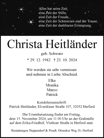 Traueranzeige von Christa Heitländer von Westfalen Blatt