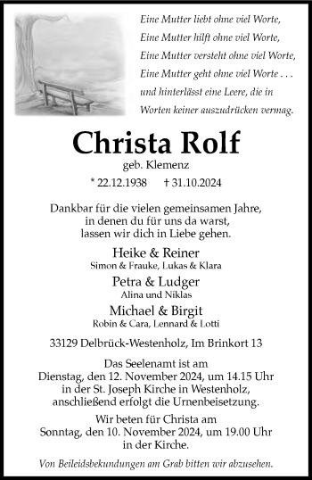 Traueranzeige von Christa Rolf von Westfalen Blatt