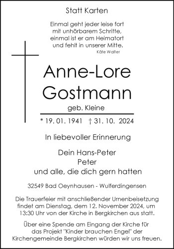 Traueranzeige von Anne-Lore Gostmann von Westfalen Blatt