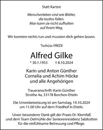 Traueranzeige von Alfred Gilke von Westfalen Blatt