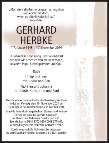 Traueranzeige von Gerhard Herbke von Westfalen Blatt