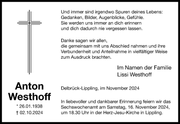 Traueranzeige von Anton Westhoff von Westfalen Blatt