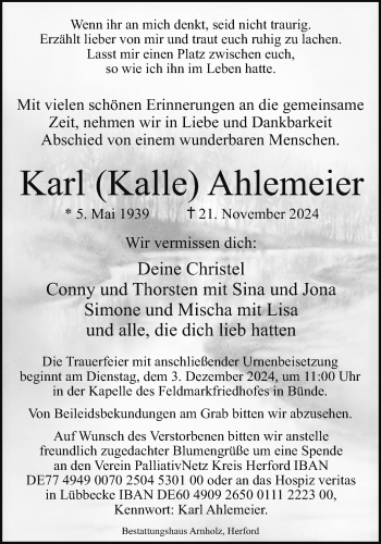 Traueranzeige von Karl Kalle Ahlemeier von Westfalen Blatt