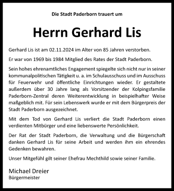 Traueranzeige von Gerhard Lis von Westfalen Blatt