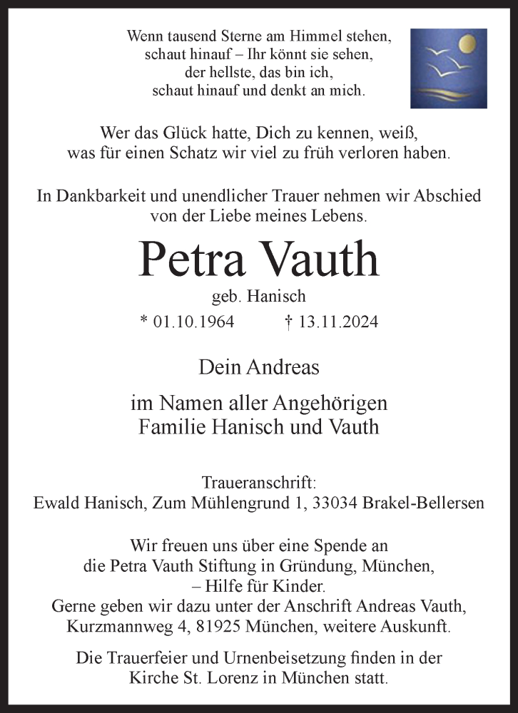  Traueranzeige für Petra Vauth vom 23.11.2024 aus Westfalen Blatt