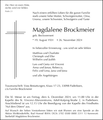 Traueranzeige von Magdalene Brockmeier von Westfalen Blatt