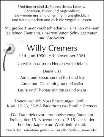 Traueranzeige von Willy Cremers von Westfalen Blatt