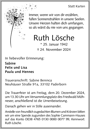 Traueranzeige von Ruth Lösche von Westfalen Blatt