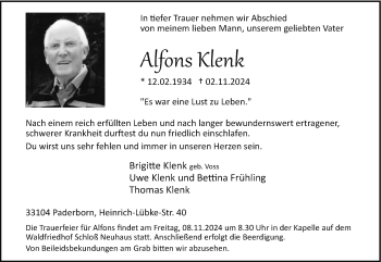 Traueranzeige von Alfons Klenk von Westfalen Blatt