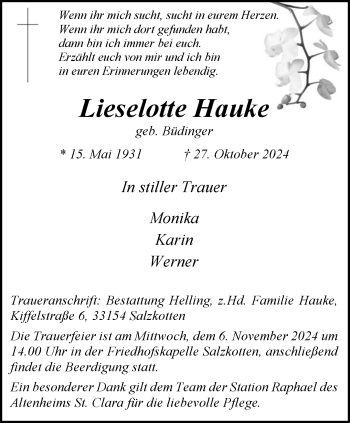 Traueranzeige von Lieselotte Hauke von Westfalen Blatt