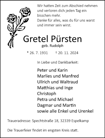 Traueranzeige von Gretel Pürsten von Westfalen Blatt