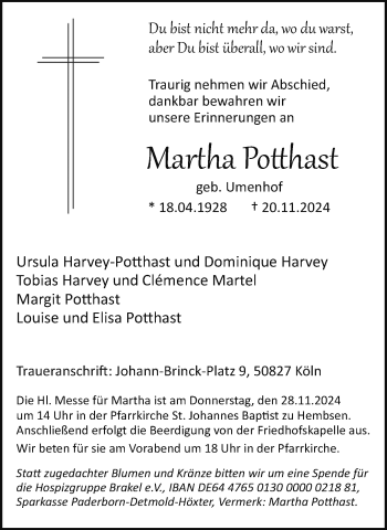 Traueranzeige von Martha Potthast von Westfalen Blatt