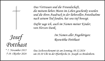 Traueranzeige von Josef Potthast von Westfalen Blatt