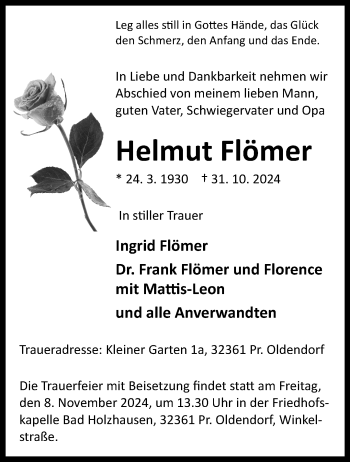 Traueranzeige von Helmut Flömer von Westfalen Blatt