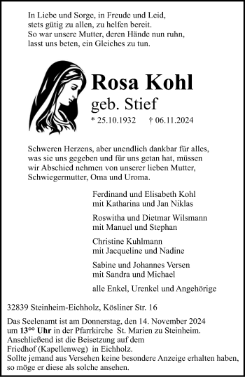 Traueranzeige von Rosa Kohl von Westfalen Blatt