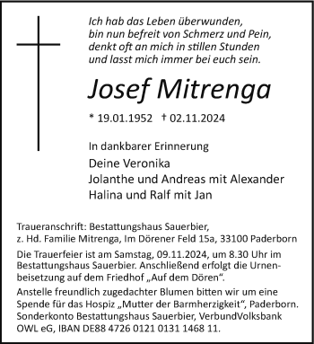 Traueranzeige von Josef Mitrenga von Westfalen Blatt