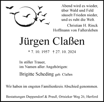 Traueranzeige von Jürgen Claßen von Westfalen Blatt