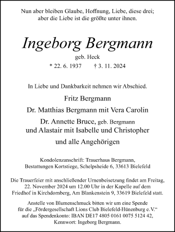 Traueranzeige von Ingeborg Bergmann von Westfalen Blatt