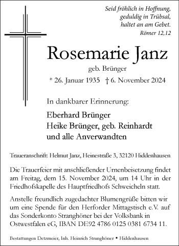 Traueranzeige von Rosemarie Janz von Westfalen Blatt