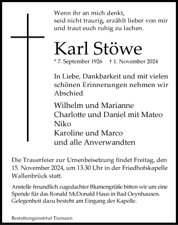 Traueranzeige von Karl Stöwe von Westfalen Blatt