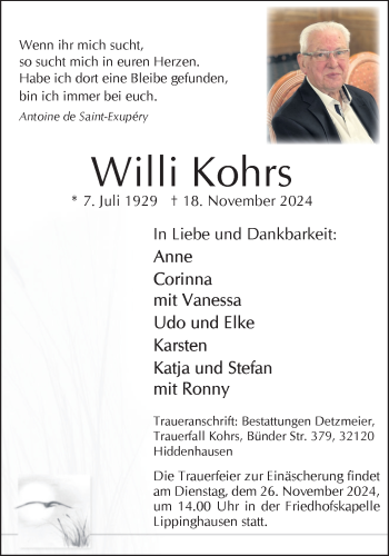 Traueranzeige von Willi Kohrs von Westfalen Blatt